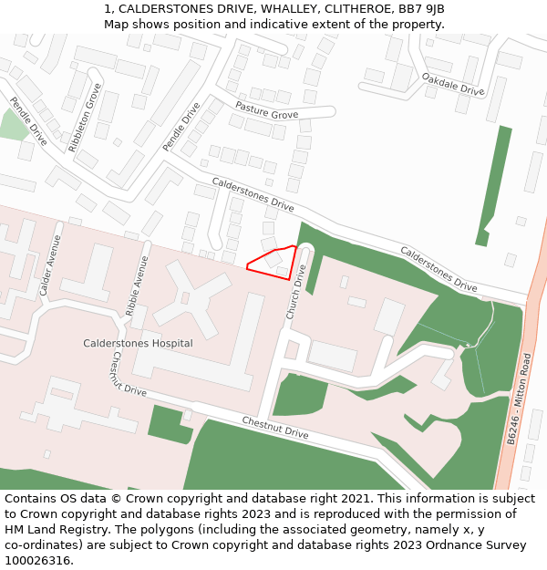 1, CALDERSTONES DRIVE, WHALLEY, CLITHEROE, BB7 9JB: Location map and indicative extent of plot