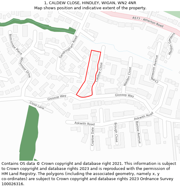 1, CALDEW CLOSE, HINDLEY, WIGAN, WN2 4NR: Location map and indicative extent of plot