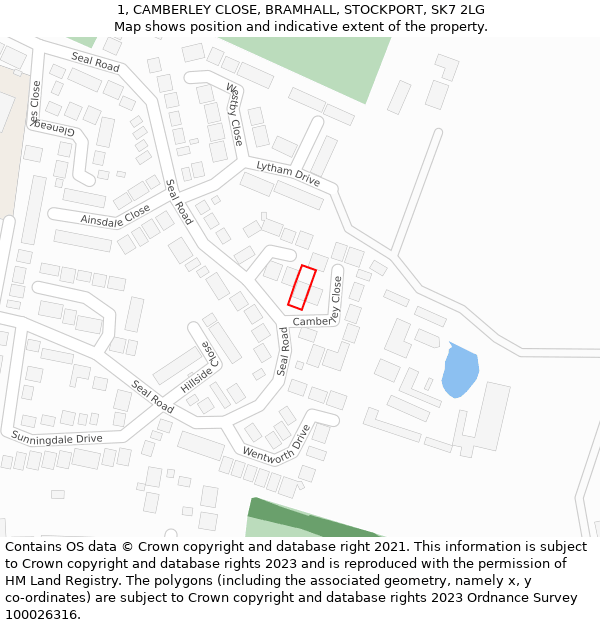 1, CAMBERLEY CLOSE, BRAMHALL, STOCKPORT, SK7 2LG: Location map and indicative extent of plot