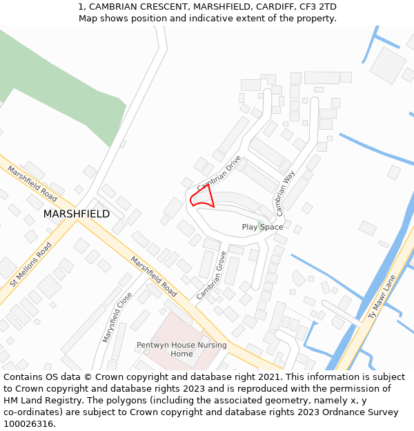 1, CAMBRIAN CRESCENT, MARSHFIELD, CARDIFF, CF3 2TD: Location map and indicative extent of plot