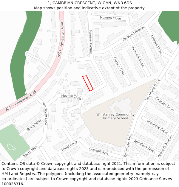 1, CAMBRIAN CRESCENT, WIGAN, WN3 6DS: Location map and indicative extent of plot