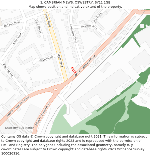 1, CAMBRIAN MEWS, OSWESTRY, SY11 1GB: Location map and indicative extent of plot