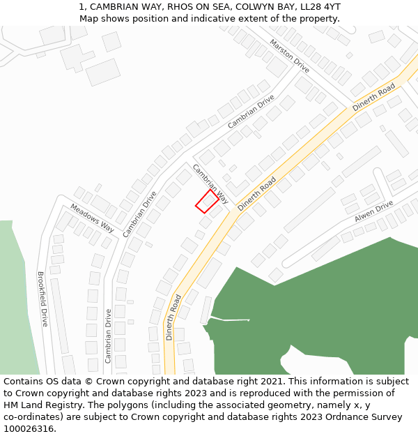 1, CAMBRIAN WAY, RHOS ON SEA, COLWYN BAY, LL28 4YT: Location map and indicative extent of plot