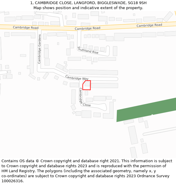 1, CAMBRIDGE CLOSE, LANGFORD, BIGGLESWADE, SG18 9SH: Location map and indicative extent of plot