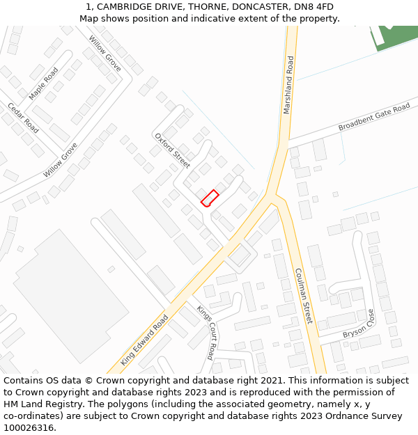 1, CAMBRIDGE DRIVE, THORNE, DONCASTER, DN8 4FD: Location map and indicative extent of plot