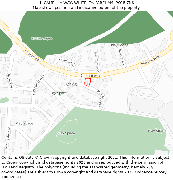 1, CAMELLIA WAY, WHITELEY, FAREHAM, PO15 7NS: Location map and indicative extent of plot