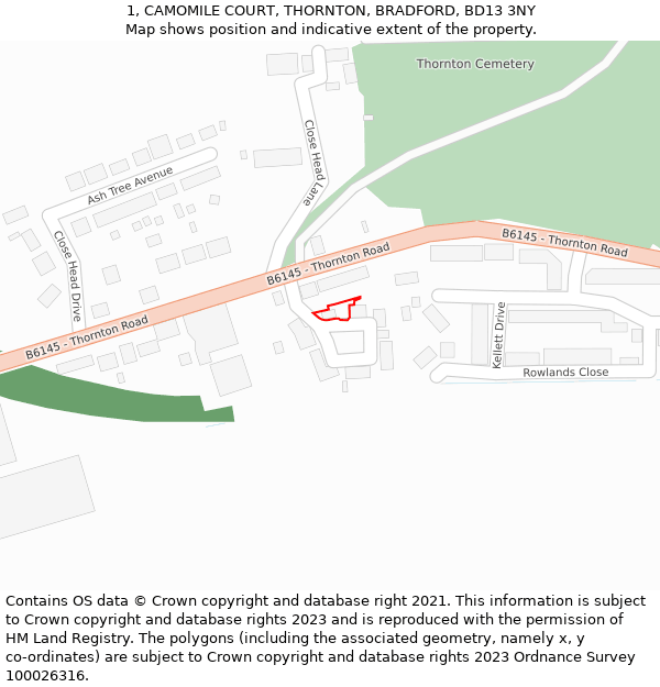 1, CAMOMILE COURT, THORNTON, BRADFORD, BD13 3NY: Location map and indicative extent of plot