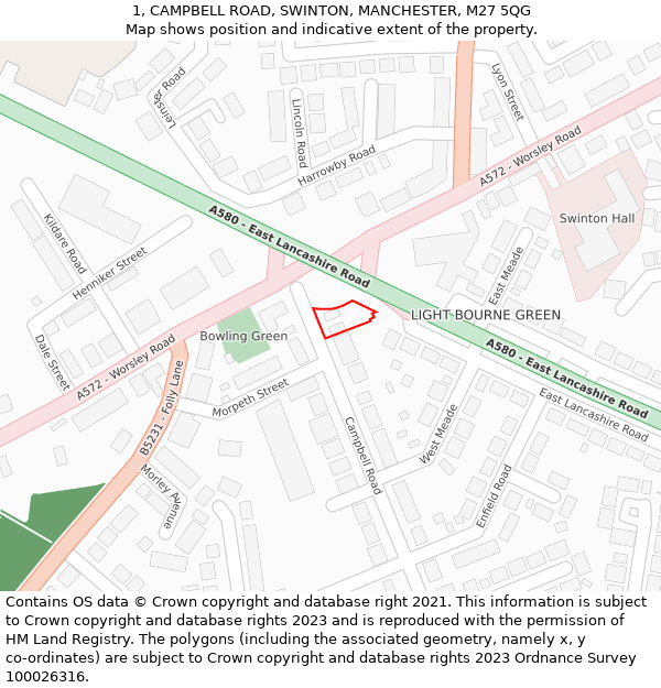 1, CAMPBELL ROAD, SWINTON, MANCHESTER, M27 5QG: Location map and indicative extent of plot