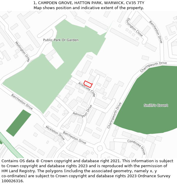 1, CAMPDEN GROVE, HATTON PARK, WARWICK, CV35 7TY: Location map and indicative extent of plot