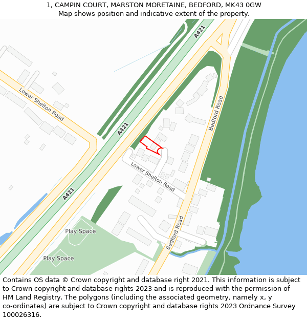 1, CAMPIN COURT, MARSTON MORETAINE, BEDFORD, MK43 0GW: Location map and indicative extent of plot