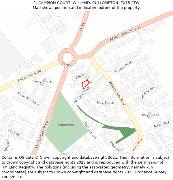 1, CAMPION COURT, WILLAND, CULLOMPTON, EX15 2TW: Location map and indicative extent of plot