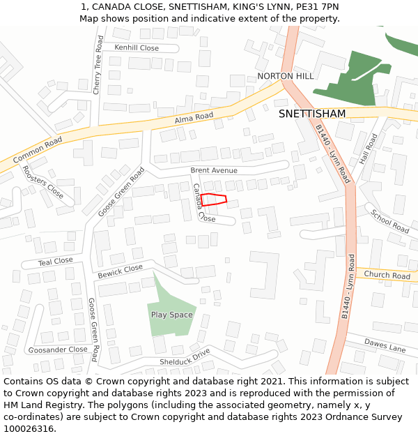 1, CANADA CLOSE, SNETTISHAM, KING'S LYNN, PE31 7PN: Location map and indicative extent of plot