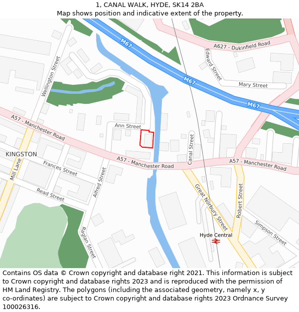 1, CANAL WALK, HYDE, SK14 2BA: Location map and indicative extent of plot