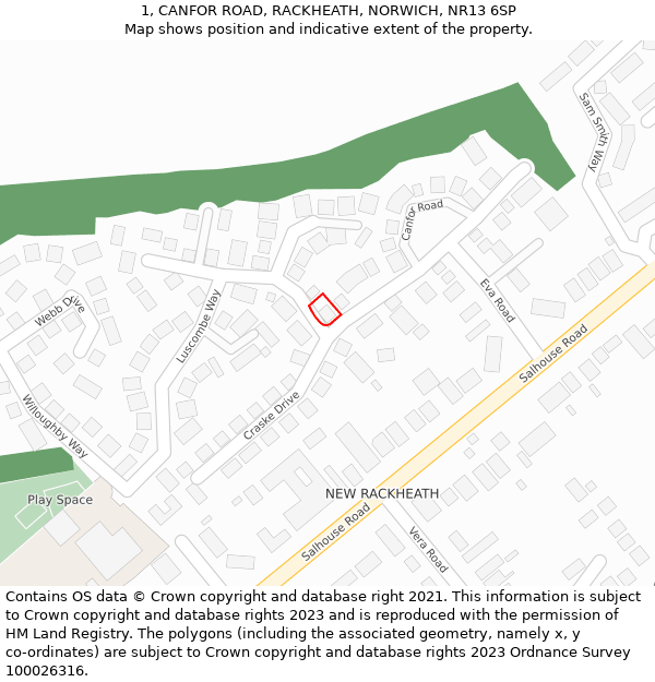 1, CANFOR ROAD, RACKHEATH, NORWICH, NR13 6SP: Location map and indicative extent of plot