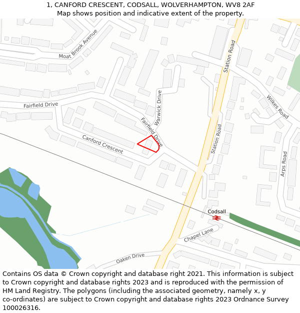 1, CANFORD CRESCENT, CODSALL, WOLVERHAMPTON, WV8 2AF: Location map and indicative extent of plot