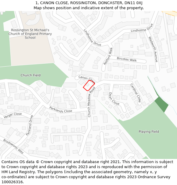 1, CANON CLOSE, ROSSINGTON, DONCASTER, DN11 0XJ: Location map and indicative extent of plot