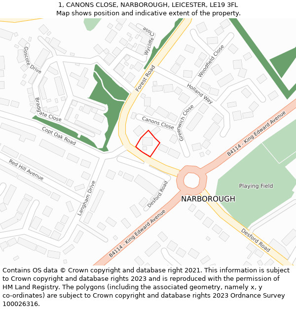 1, CANONS CLOSE, NARBOROUGH, LEICESTER, LE19 3FL: Location map and indicative extent of plot