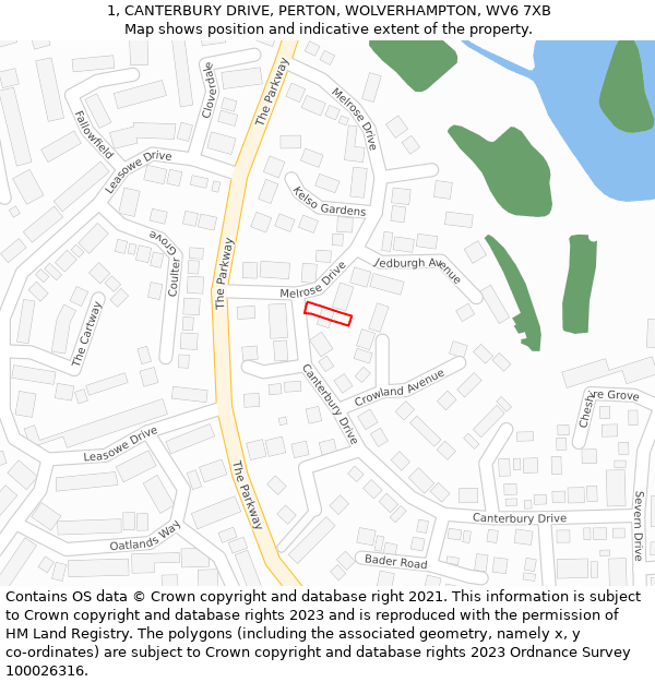 1, CANTERBURY DRIVE, PERTON, WOLVERHAMPTON, WV6 7XB: Location map and indicative extent of plot