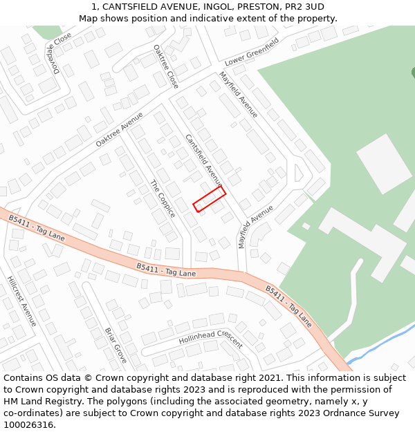 1, CANTSFIELD AVENUE, INGOL, PRESTON, PR2 3UD: Location map and indicative extent of plot