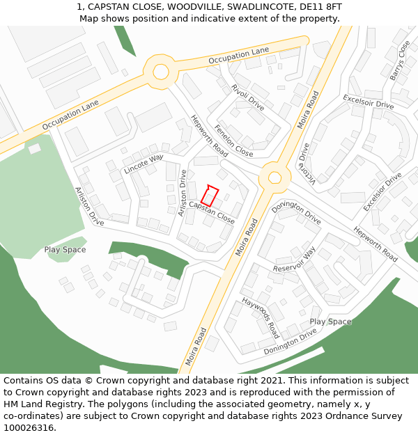 1, CAPSTAN CLOSE, WOODVILLE, SWADLINCOTE, DE11 8FT: Location map and indicative extent of plot