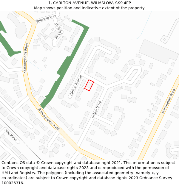 1, CARLTON AVENUE, WILMSLOW, SK9 4EP: Location map and indicative extent of plot