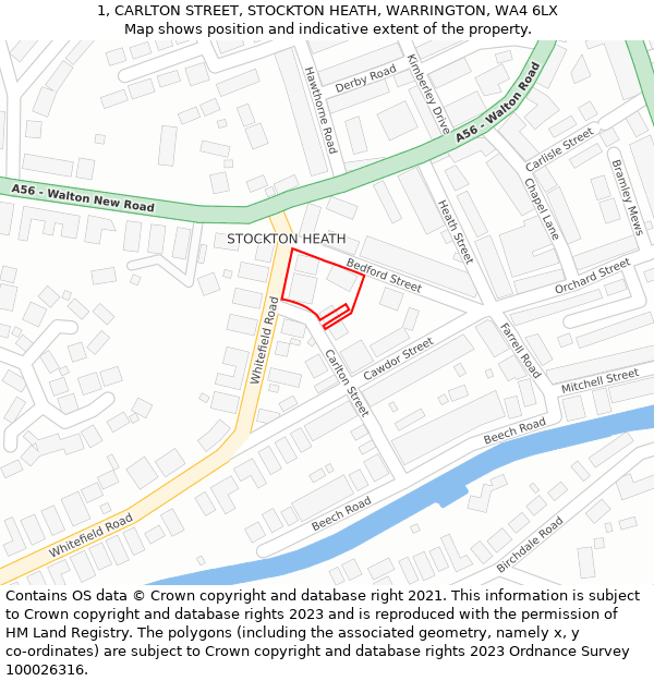 1, CARLTON STREET, STOCKTON HEATH, WARRINGTON, WA4 6LX: Location map and indicative extent of plot