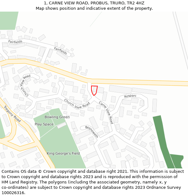 1, CARNE VIEW ROAD, PROBUS, TRURO, TR2 4HZ: Location map and indicative extent of plot