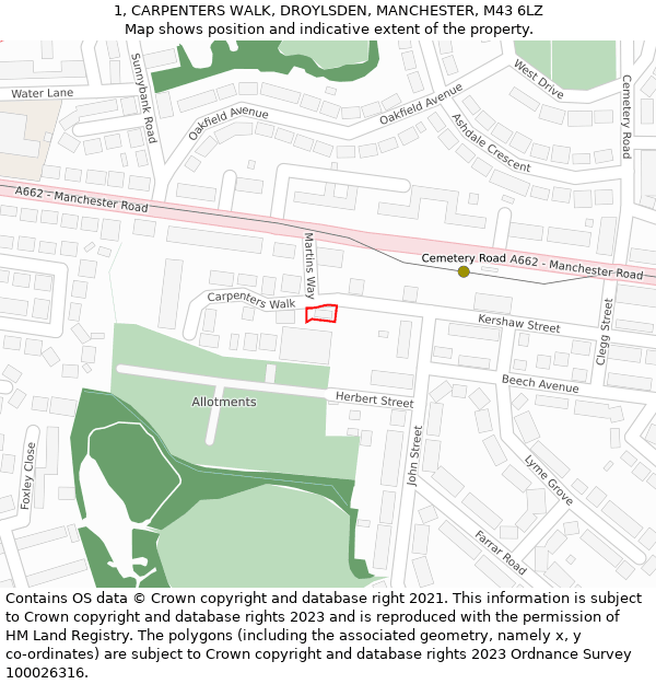 1, CARPENTERS WALK, DROYLSDEN, MANCHESTER, M43 6LZ: Location map and indicative extent of plot