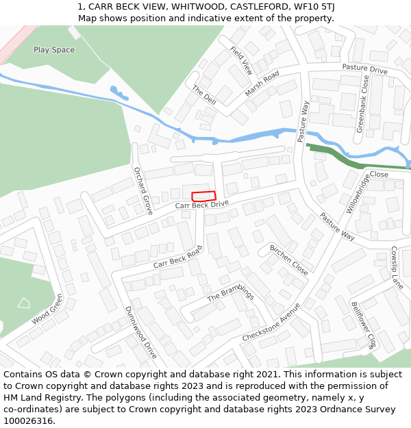 1, CARR BECK VIEW, WHITWOOD, CASTLEFORD, WF10 5TJ: Location map and indicative extent of plot