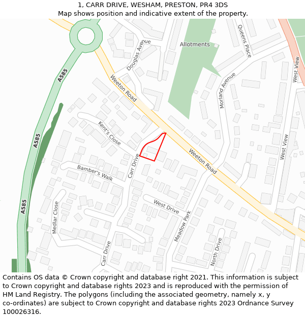 1, CARR DRIVE, WESHAM, PRESTON, PR4 3DS: Location map and indicative extent of plot