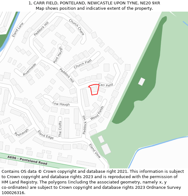 1, CARR FIELD, PONTELAND, NEWCASTLE UPON TYNE, NE20 9XR: Location map and indicative extent of plot