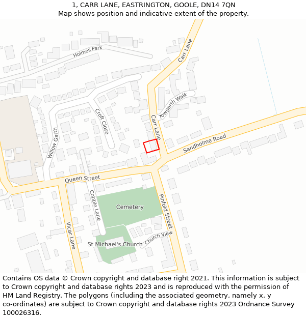 1, CARR LANE, EASTRINGTON, GOOLE, DN14 7QN: Location map and indicative extent of plot