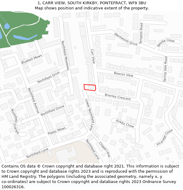 1, CARR VIEW, SOUTH KIRKBY, PONTEFRACT, WF9 3BU: Location map and indicative extent of plot