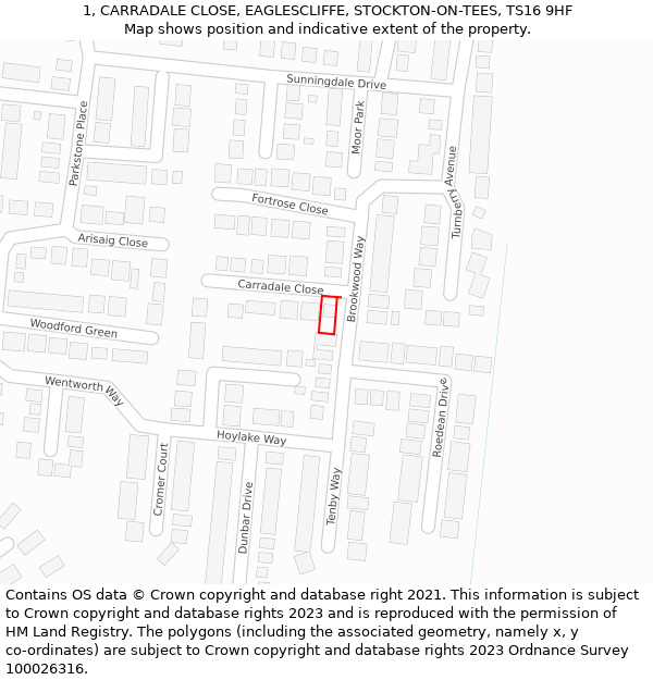 1, CARRADALE CLOSE, EAGLESCLIFFE, STOCKTON-ON-TEES, TS16 9HF: Location map and indicative extent of plot