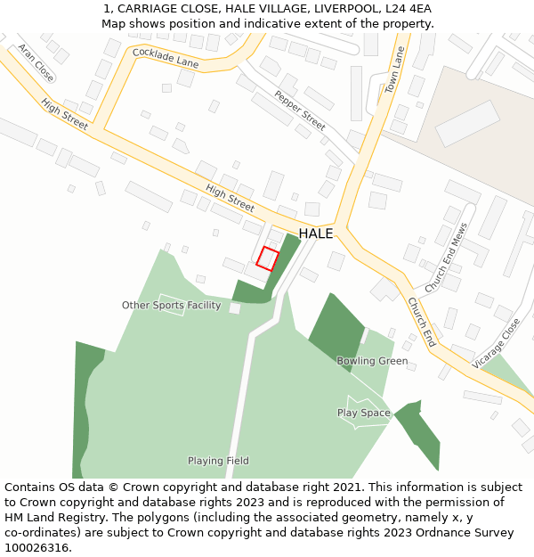 1, CARRIAGE CLOSE, HALE VILLAGE, LIVERPOOL, L24 4EA: Location map and indicative extent of plot