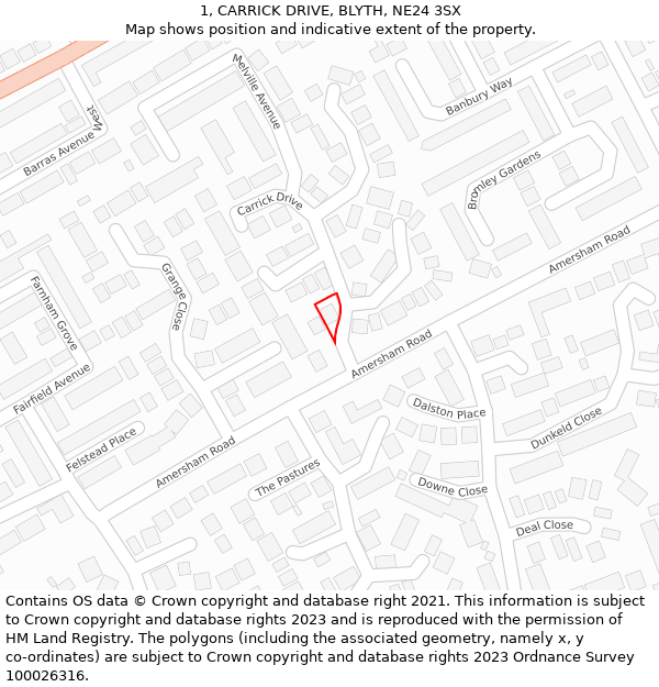 1, CARRICK DRIVE, BLYTH, NE24 3SX: Location map and indicative extent of plot