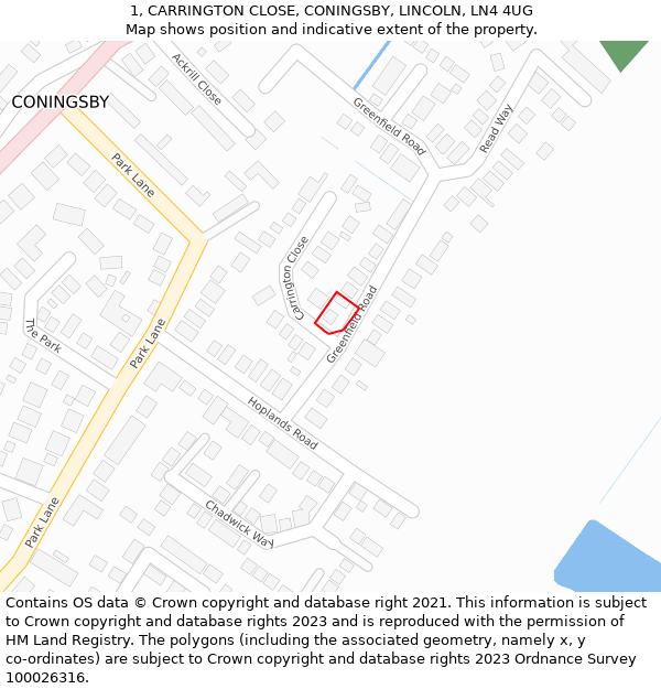 1, CARRINGTON CLOSE, CONINGSBY, LINCOLN, LN4 4UG: Location map and indicative extent of plot
