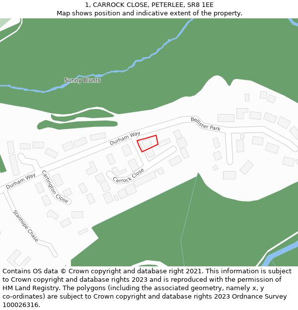 1, CARROCK CLOSE, PETERLEE, SR8 1EE: Location map and indicative extent of plot