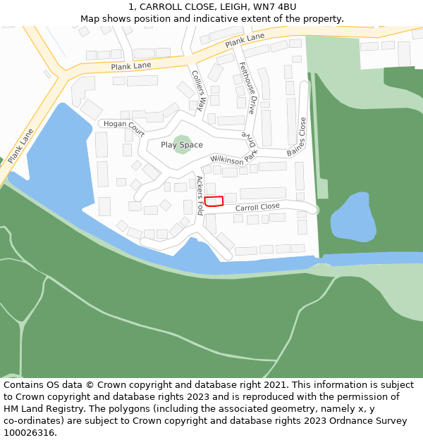 1, CARROLL CLOSE, LEIGH, WN7 4BU: Location map and indicative extent of plot