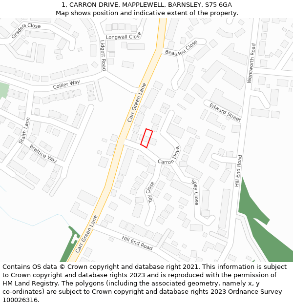 1, CARRON DRIVE, MAPPLEWELL, BARNSLEY, S75 6GA: Location map and indicative extent of plot