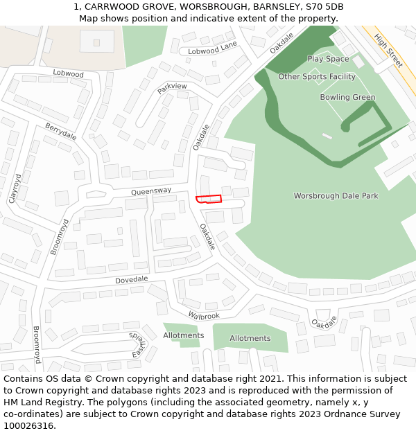 1, CARRWOOD GROVE, WORSBROUGH, BARNSLEY, S70 5DB: Location map and indicative extent of plot