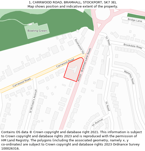 1, CARRWOOD ROAD, BRAMHALL, STOCKPORT, SK7 3EL: Location map and indicative extent of plot