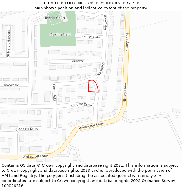 1, CARTER FOLD, MELLOR, BLACKBURN, BB2 7ER: Location map and indicative extent of plot