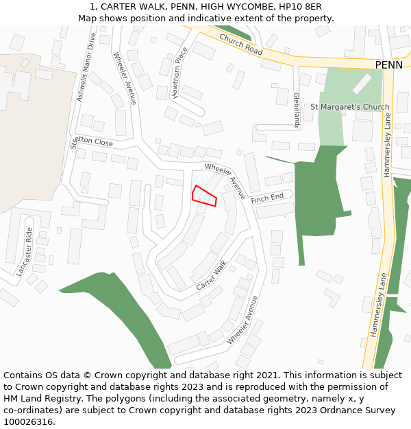 1, CARTER WALK, PENN, HIGH WYCOMBE, HP10 8ER: Location map and indicative extent of plot