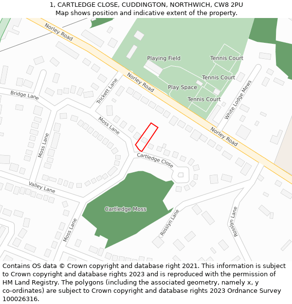 1, CARTLEDGE CLOSE, CUDDINGTON, NORTHWICH, CW8 2PU: Location map and indicative extent of plot