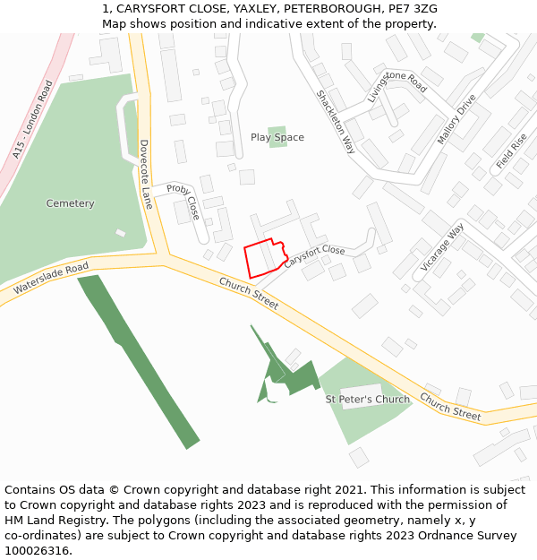 1, CARYSFORT CLOSE, YAXLEY, PETERBOROUGH, PE7 3ZG: Location map and indicative extent of plot