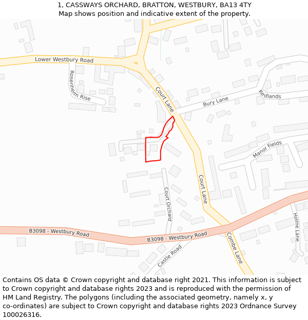 1, CASSWAYS ORCHARD, BRATTON, WESTBURY, BA13 4TY: Location map and indicative extent of plot