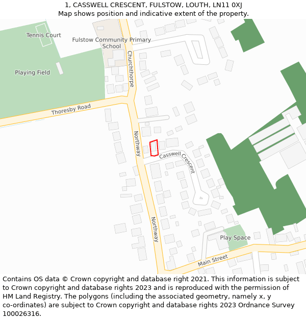 1, CASSWELL CRESCENT, FULSTOW, LOUTH, LN11 0XJ: Location map and indicative extent of plot