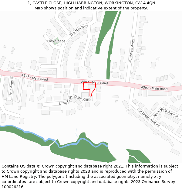 1, CASTLE CLOSE, HIGH HARRINGTON, WORKINGTON, CA14 4QN: Location map and indicative extent of plot