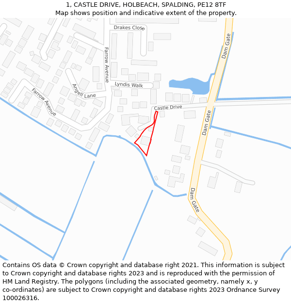 1, CASTLE DRIVE, HOLBEACH, SPALDING, PE12 8TF: Location map and indicative extent of plot